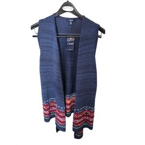 Chaps Denim Womens Blue Southwestern Geometric Open Front Longline Sweater VestM